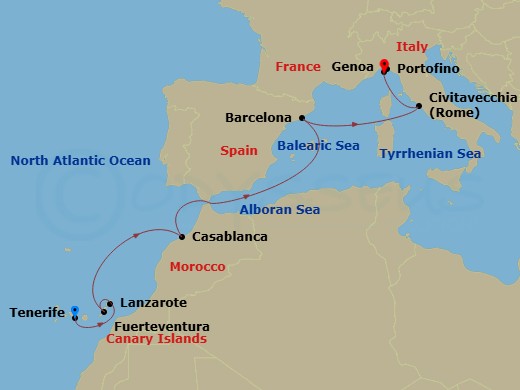 MSC Musica - 9 Night - Canary Islands and Madeira - MSC Musica - Starting in Santa Cruz de Tenerife, Arrecife De Lanzarote (Canary Islands), Spain, Puerto Del Rosario / Fu.. itinerary map