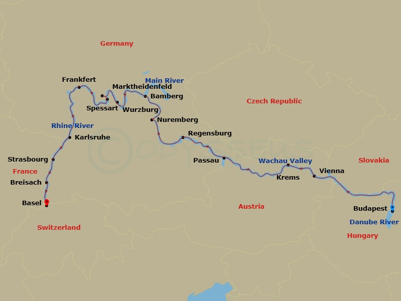 Viking Atla - 17 Night - Rhine, Main & Danube Odyssey - Viking Atla - Starting in Budapest, Scenic Sailing Danube Bend, Vienna, Krems, Scenic Sailing Wachau Valley, Passau,.. itinerary map