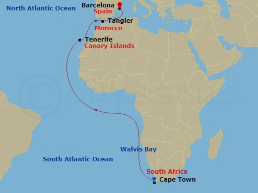Costa Smeralda - 18 Night - Transcanal Suez from Cape Town - Costa Smeralda - Starting in Cape Town, Walvis Bay, Santa Cruz de Tenerife, Tangier, Barcelona itinerary map