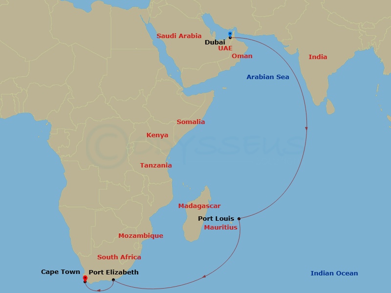 Costa Smeralda - 15 Night - Transatlantic from Dubai (Emirates) - Costa Smeralda - Starting in Dubai (Emirates), Port Louis, Mauritius, Port Elizabeth ZA, South Africa, Cape T.. itinerary map