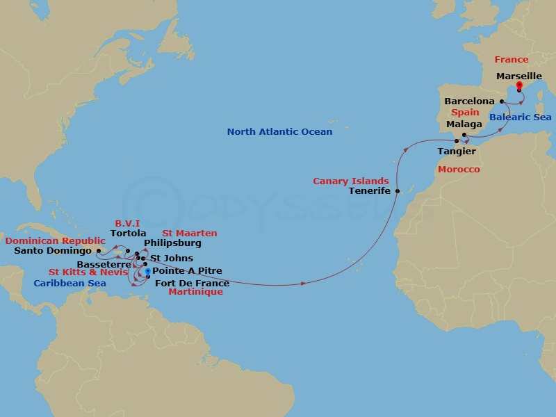 Costa Favolosa - 23 Night - Transatlantic from Fort De France - Costa Favolosa - Starting in Fort-de-France, Pointe-a-Pitre, Basseterre, Tortola (Road Harbour), Santo Domingo,.. itinerary map