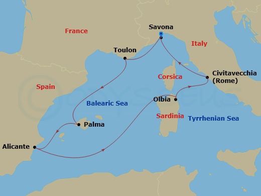Costa Pacifica - 7 Night - Western Mediterranean from Savona - Costa Pacifica - Starting in Savona, Toulon / La Seyne-sur-Mer, Palma De Mallorca, Alicante, Olbia, Civitavecchi.. itinerary map