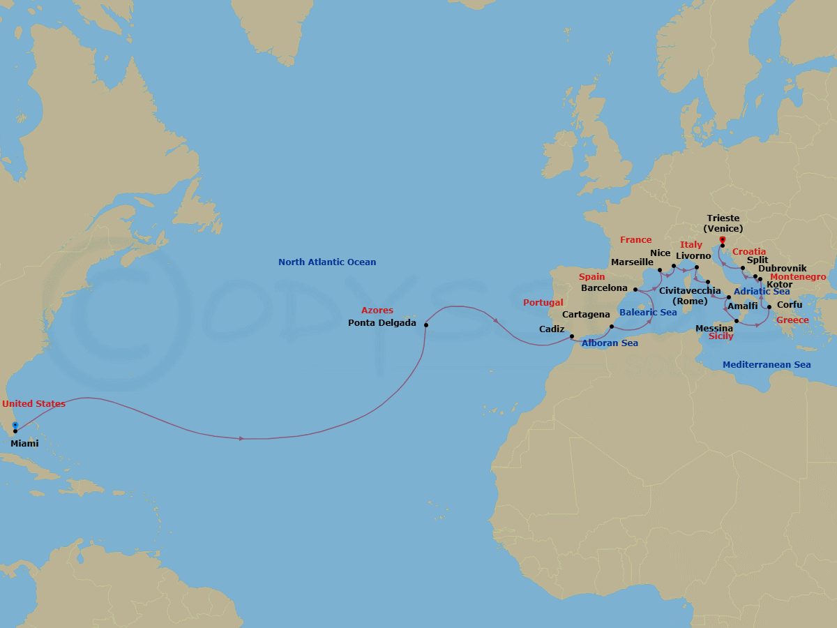 23 Night - Grand Atlantic to Adriatic - Oceania Marina - Starting in Miami, Ponta Delgada (Azores), Seville (Cadiz), Cartagena ES, Barcelona, Provence (Marseille), Villefranche, Florence / Pisa / Tuscany (Livorno), Rome (Civitavecchia), Amalfi / Positano, Messina (Sicily), Corfu, Kotor, Dubrovnik, Croatia, Split, Trieste itinerary map