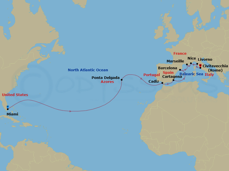 16 Night - Cosmopolitan Crossing - Oceania Marina - Starting in Miami, Ponta Delgada (Azores), Seville (Cadiz), Cartagena ES, Barcelona, Provence (Marseille), Villefranche, Florence / Pisa / Tuscany (Livorno), Rome (Civitavecchia) itinerary map