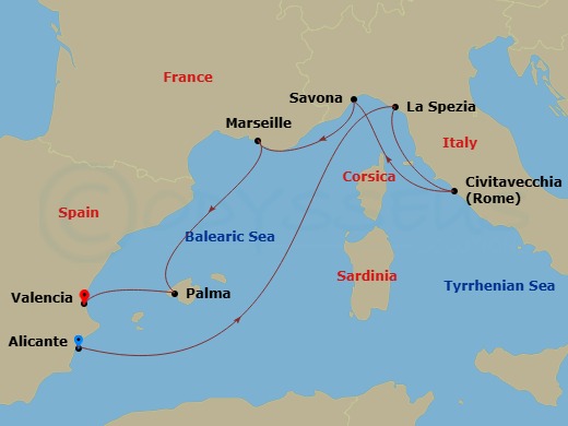 Costa Pacifica - 7 Night - Western Mediterranean from Alicante - Costa Pacifica - Starting in Alicante, La Spezia, Civitavecchia, Savona, Marseille, Palma De Mallorca, Valencia itinerary map