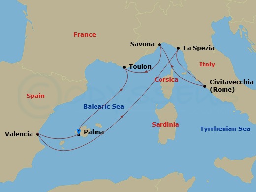 Costa Pacifica - 7 Night - Western Mediterranean from Palma De Mallorca - Costa Pacifica - Starting in Palma De Mallorca, Valencia, La Spezia, Civitavecchia, Savona, Toulon /.. itinerary map