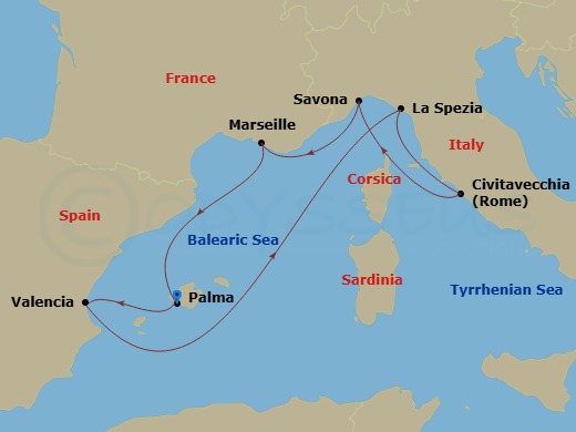 Costa Pacifica - 7 Night - Western Mediterranean from Palma De Mallorca - Costa Pacifica - Starting in Palma De Mallorca, Valencia, La Spezia, Civitavecchia, Savona, Marseille.. itinerary map
