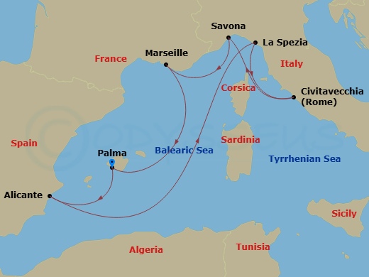 Costa Pacifica - 7 Night - Western Mediterranean from Palma De Mallorca - Costa Pacifica - Starting in Palma De Mallorca, Alicante, La Spezia, Civitavecchia, Savona, Marseille.. itinerary map