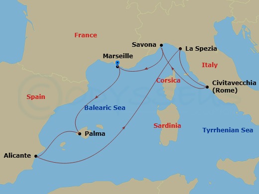 Costa Pacifica - 7 Night - Western Mediterranean from Marseille - Costa Pacifica - Starting in Marseille, Palma De Mallorca, Alicante, La Spezia, Civitavecchia, Savona, Marsei.. itinerary map