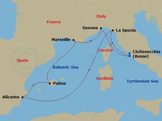 Costa Pacifica - 7 Night - Western Mediterranean from Civitavecchia - Costa Pacifica - Starting in Civitavecchia, Savona, Marseille, Palma De Mallorca, Alicante, La Spezia, Ci.. itinerary map