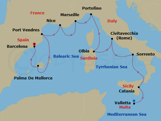 10 Night - Romantic Mediterranean - Oceania Sirena - Starting in Valletta, Catania (Sicily), Sorrento / Capri, Rome (Civitavecchia), Olbia / Porto Cervo (Sardinia), Portofino, Villefranche, Provence (Marseille), Port-Vendres, Palma De Mallorca, Barcelona itinerary map