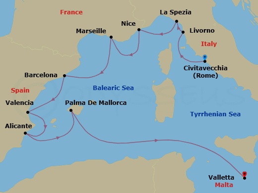 10 Night - Coastal Mediterranean Gems - Oceania Sirena - Starting in Rome (Civitavecchia), Florence / Pisa / Tuscany (Livorno), Cinque Terre (La Spezia), Villefranche, Provence (Marseille), Barcelona, Valencia, Alicante, Palma De Mallorca, Valletta itinerary map