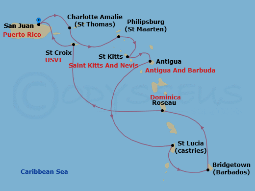 10 Night - West Indies Explorer - Viking Sea - Starting in San Juan, St Thomas (Charlotte Amalie), Philipsburg, St Kitts (Basseterre), St Johns AG, Antigua, Castries, Bridgetown, Roseau, St Croix (Frederiksted), San Juan itinerary map