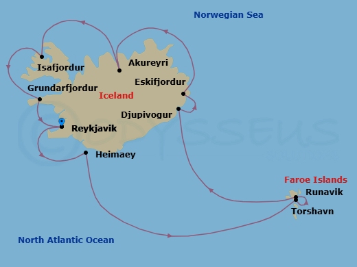 10 Night - Wonders of Iceland - Oceania Insignia - Starting in Reykjavik, Heimaey, Torshavn, Faroe Islands, Runavik, Faroe Islands, Djupivogur, Eskifjordur, Akureyri, Isafjordur, Grundarfjordur, Reykjavik itinerary map