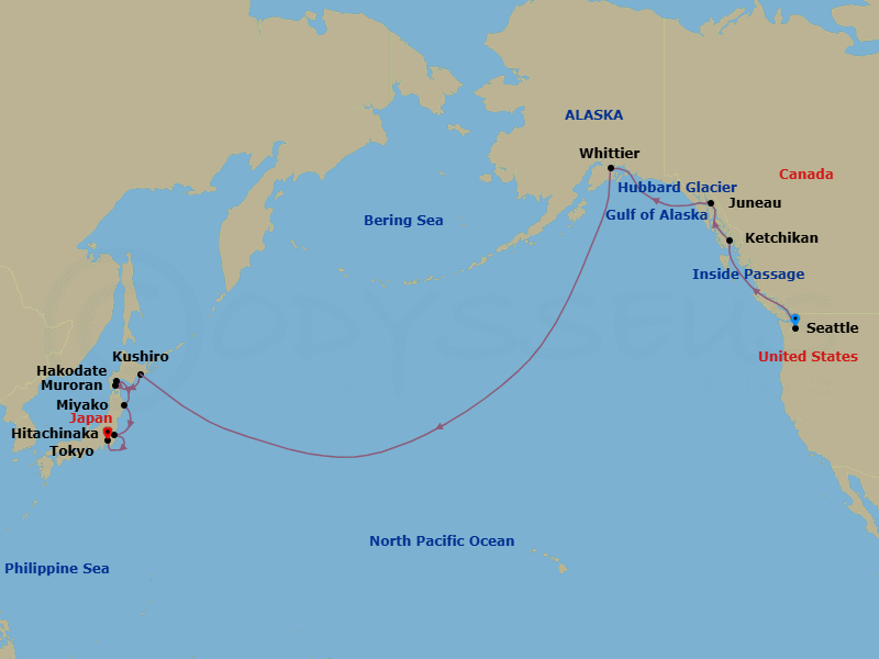 20 Night - Pacific Passage Adventure - Seven Seas Explorer - Starting in Seattle, Cruising the Inside Passage, Ketchikan, Juneau, Cruising Hubbard Glacier, Anchorage (Whittier), Cruising the Pacific Ocean, Cross the International Date Line, Cruising the Pacific Ocean, Kushiro, Hakodate, Muroran, Miyako, Hitachinaka, Tokyo itinerary map