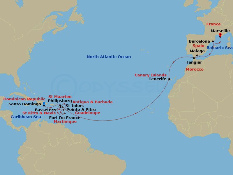 Costa Favolosa - 19 Night - Transatlantic from Santo Domingo - Costa Favolosa - Starting in Santo Domingo, St Maarten (Philipsburg), Fort-de-France, Pointe-a-Pitre, Basseterre.. itinerary map