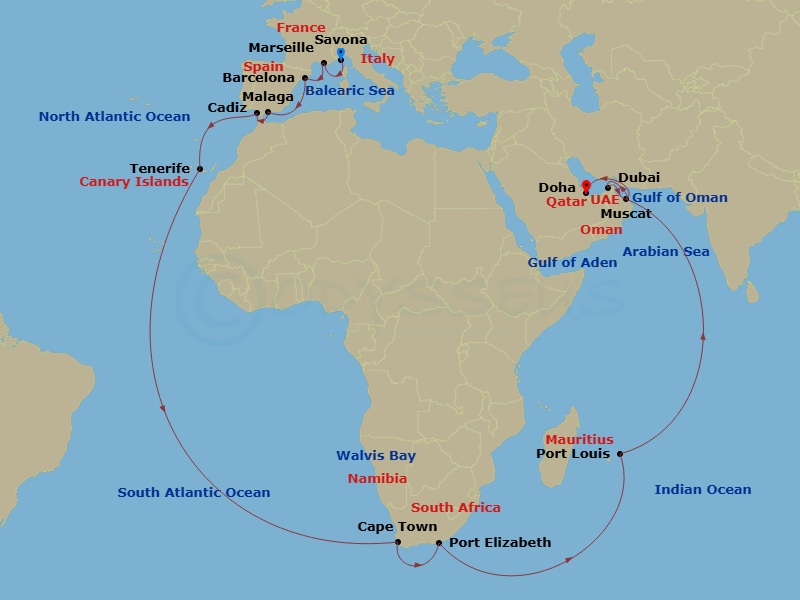 Costa Smeralda - 42 Night - Transatlantic from Savona - Costa Smeralda - Starting in Savona, Marseille, Barcelona, Malaga, Cadice, Santa Cruz de Tenerife, Walvis Bay, Cape Tow.. itinerary map