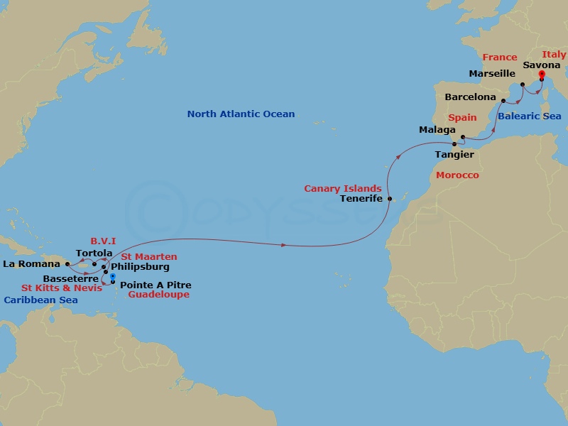 Costa Fascinosa - 19 Night - Europe from Pointe a Pitre to Savona - Costa Fascinosa - Starting in Pointe-a-Pitre, Basseterre, Tortola (Road Harbour), Casa De Campo / La Romana,.. itinerary map