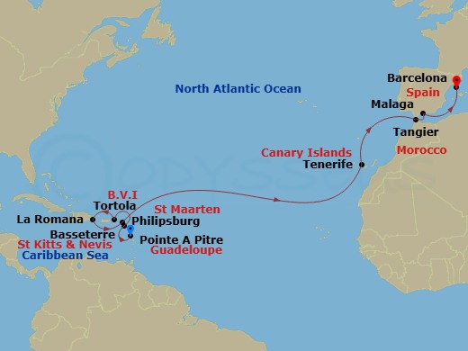 Costa Fascinosa - 17 Night - Europe from Pointe a Pitre to Barcelona - Costa Fascinosa - Starting in Pointe-a-Pitre, Basseterre, Tortola (Road Harbour), Casa De Campo / La Roma.. itinerary map
