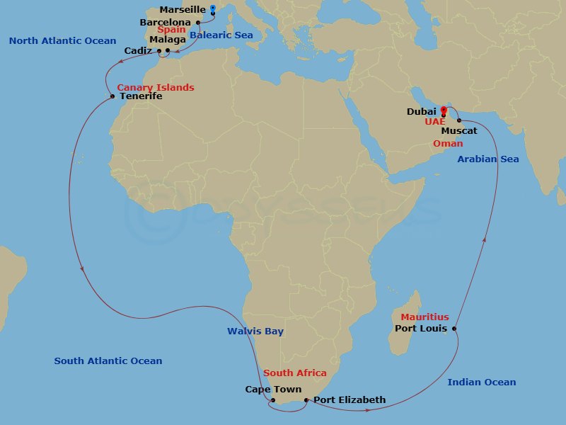 Costa Smeralda - 36 Night - Transatlantic from Marseille - Costa Smeralda - Starting in Marseille, Barcelona, Malaga, Cadice, Santa Cruz de Tenerife, Walvis Bay, Cape Town, Po.. itinerary map