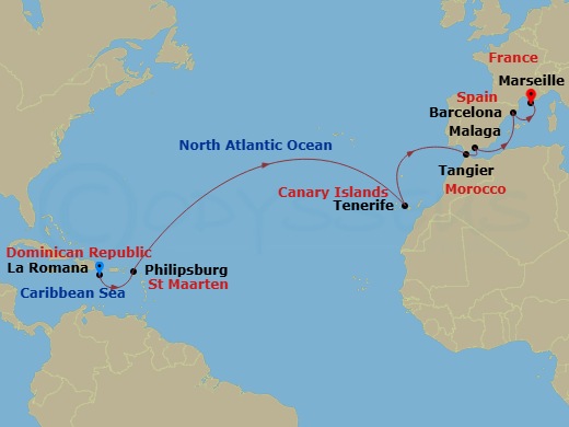 Costa Fascinosa - 15 Night - Caribbean from La Romana to Marseille - Costa Fascinosa - Starting in Casa De Campo / La Romana, St Maarten (Philipsburg), Santa Cruz de Tenerife,.. itinerary map