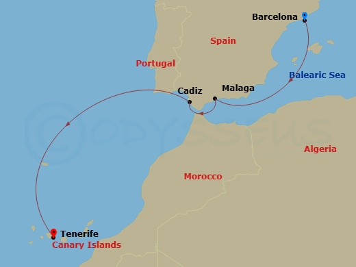 Costa Smeralda - 5 Night - Transatlantic from Barcelona - Costa Smeralda - Starting in Barcelona, Malaga, Cadice, Santa Cruz de Tenerife itinerary map