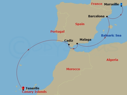 Costa Smeralda - 6 Night - Transatlantic from Marseille - Costa Smeralda - Starting in Marseille, Barcelona, Malaga, Cadice, Santa Cruz de Tenerife itinerary map