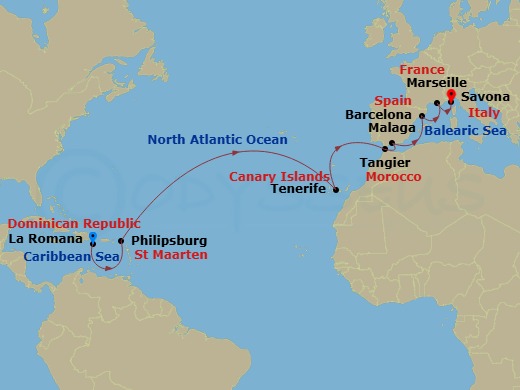 Costa Fascinosa - 16 Night - Caribbean from La Romana to Savona - Costa Fascinosa - Starting in Casa De Campo / La Romana, St Maarten (Philipsburg), Santa Cruz de Tenerife, Tan.. itinerary map