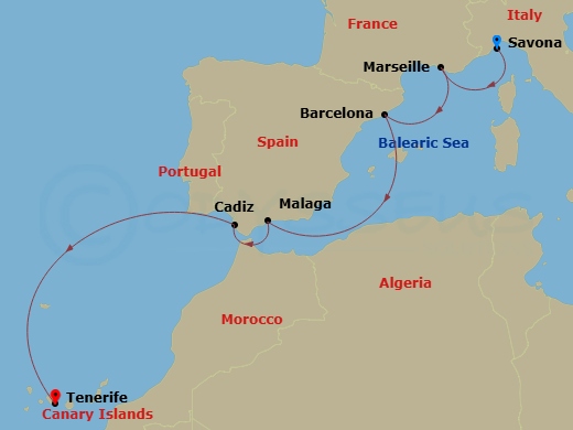 Costa Smeralda - 7 Night - Transatlantic from Savona - Costa Smeralda - Starting in Savona, Marseille, Barcelona, Malaga, Cadice, Santa Cruz de Tenerife itinerary map