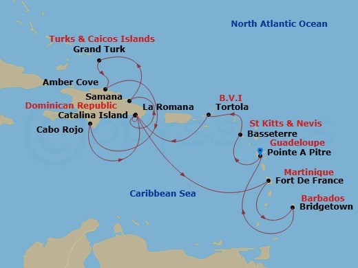 Costa Fascinosa - 14 Night - Caribbean Roundtrip from Pointe a Pitre - Costa Fascinosa - Starting in Pointe-a-Pitre, Basseterre, Tortola (Road Harbour), Casa De Campo / La Roma.. itinerary map