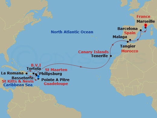 Costa Fascinosa - 18 Night - Europe from Pointe a Pitre to Marseille - Costa Fascinosa - Starting in Pointe-a-Pitre, Basseterre, Tortola (Road Harbour), Casa De Campo / La Roma.. itinerary map