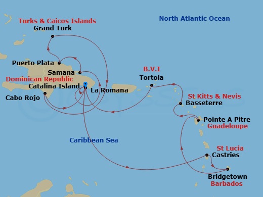 Costa Fascinosa - 14 Night - Caribbean Roundtrip from La Romana - Costa Fascinosa - Starting in Casa De Campo / La Romana, Catalina Island, Samana (Do), Puerto Plata, Dominican.. itinerary map