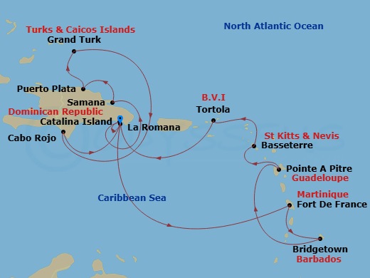 Costa Fascinosa - 14 Night - Caribbean Roundtrip from La Romana - Costa Fascinosa - Starting in Casa De Campo / La Romana, Fort-de-France, Bridgetown, Barbados, Pointe-a-Pitre,.. itinerary map