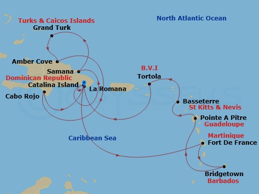 Costa Fascinosa - 14 Night - Caribbean Roundtrip from La Romana - Costa Fascinosa - Starting in Casa De Campo / La Romana, Catalina Island, Samana (Do), Grand Turks, Amber Cove.. itinerary map