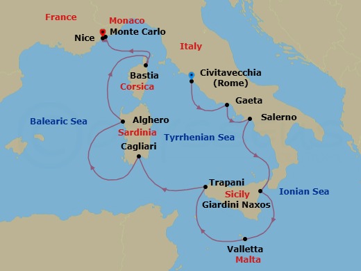 10 Night - Italy's Islands, Corsica to Monaco - Emerald Sakara - Starting in Civitavecchia (Rome), Italy, Gaeta, Italy, Salerno, Italy, Giardini Naxos, Italy, Valletta, Malta, Trapani, Sicily, Italy, Cagliari, Sardinia, Italy, Alghero, Sardinia, Italy, Bastia, Corsica, France, Monte Carlo, Monaco, Nice, France itinerary map