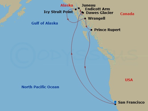 Ruby Princess - 10 Night - Inside Passage (Roundtrip San Francisco) - Ruby Princess - Starting in San Francisco, California, Endicott Arm and Dawes Glacier (Scenic Cruising),.. itinerary map