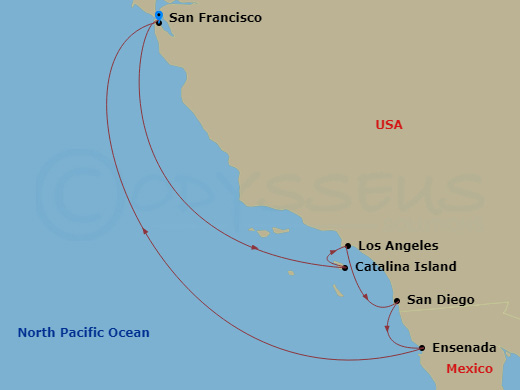 Ruby Princess - 7 Night - Classic California Coast - Ruby Princess - Starting in San Francisco, California, Catalina Island, California, Los Angeles, California, San Diego, C.. itinerary map