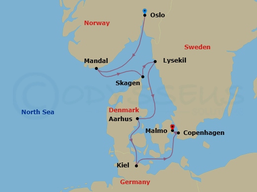 7 Night - North Sea Journey - Seven Seas Grandeur - Starting in Oslo, Mandal, Skagen, Lysekil, Aarhus, Kiel, Malmo, Copenhagen itinerary map