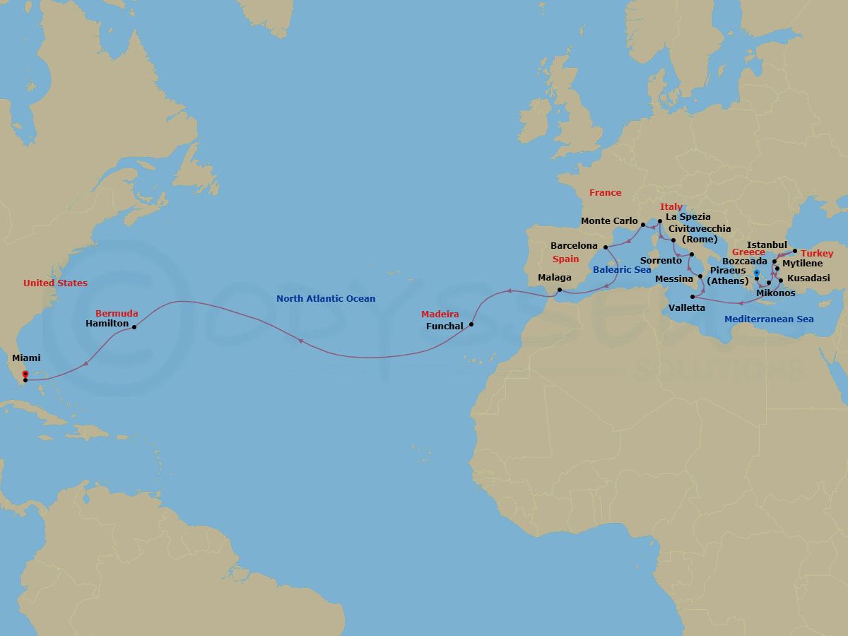 28 Night - Ruins, Riviera & Rose Sands - Seven Seas Mariner - Starting in Athens (Piraeus), Mykonos, Bozcaada, Istanbul, Mytilini (Lesbos), Kusadasi, Cruising the Mediterranean Sea, Valletta, Messina (Sicily), Sorrento / Capri, Rome (Civitavecchia), La Spezia (Cinque Terre), Monte Carlo, Cruising the Mediterranean Sea, Barcelona, Cruising the Mediterranean Sea, Malaga, Cruising the Atlantic Ocean, Funchal (Madeira), Cruising the Atlantic Ocean, Hamilton, Cruising the Atlantic Ocean, Miami itinerary map