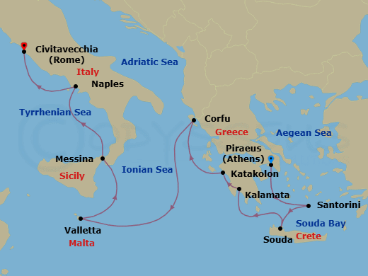 14 Night - Cities of Antiquity - Viking Star - Starting in Athens (Piraeus), Santorini (Thira), Sail the Ionian Sea, Crete (Souda Bay), Kalamata, Katakolon (Olympia), Corfu (Kerkyra), Sail the Ionian Sea, Valletta, Sicily (Messina), Naples, Rome (Civitavecchia) itinerary map