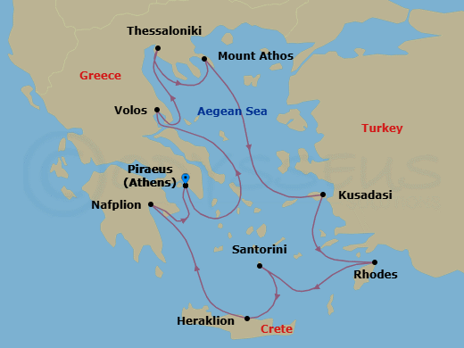 10 Night - Greek Odyssey - Viking Sea - Starting in Athens (Piraeus), Volos, Thessaloniki, Scenic Sailing Mount Athos, Ephesus (Kusadasi), Rhodes, Santorini (Thira), Crete (Heraklion), Nafplio, Athens (Piraeus) itinerary map