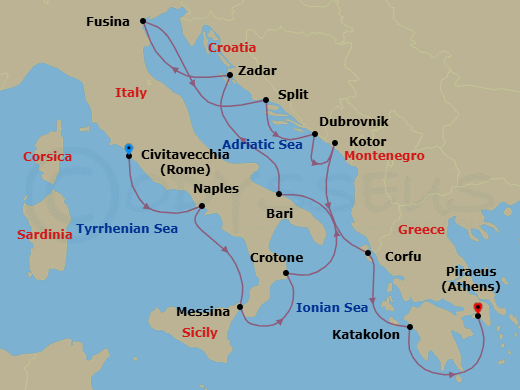 14 Night - Italy, the Adriatic & Greece - Viking Sea - Starting in Rome (Civitavecchia), Naples, Sicily (Messina), Crotone, Bari, Zadar, Venice (Fusina), Split, Dubrovnik, Croatia, Kotor, Corfu (Kerkyra), Katakolon (Olympia), Athens (Piraeus) itinerary map