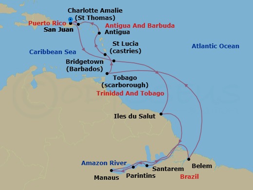 21 Night - From the Caribbean to the Amazon - Viking Sea - Starting in San Juan, Sail the Caribbean Sea, Bridgetown, Sail the Atlantic Ocean, French Guiana (Iles Du Salut), Sail the Atlantic Ocean, Sail the Amazon River, Santarem, Parintins, Manaus, Sail the Amazon River, Belem, Sail the Atlantic Ocean, Scarborough, Castries, St Johns AG, Antigua, St Thomas (Charlotte Amalie), San Juan itinerary map