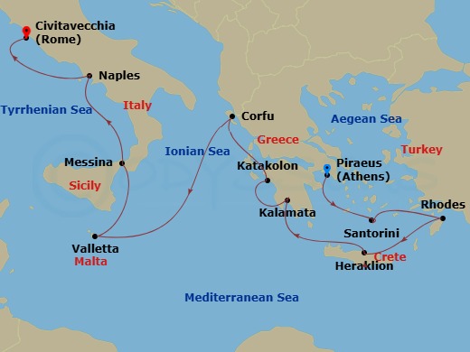 Viking Star - 14 Night - Cities of Antiquity - Viking Star - Starting in Athens (Piraeus), Santorini (Thira), Rhodes, Crete (Heraklion), Kalamata, Katakolon (Olympia), Corf.. itinerary map
