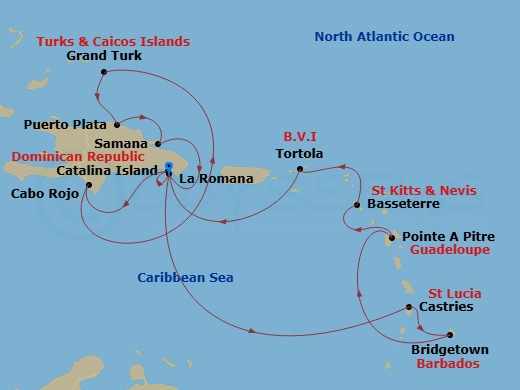 Costa Fascinosa - 14 Night - Western Caribbean from Casa De Campo / La Romana - Costa Fascinosa - Starting in Casa De Campo / La Romana, Catalina Island, Cabo Rojo, Grand Turks.. itinerary map