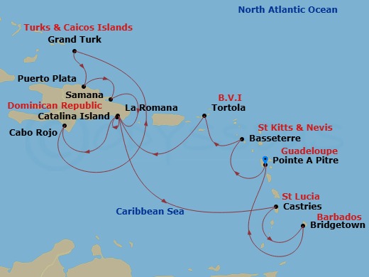 Costa Fascinosa - 14 Night - Western Caribbean from Pointe a Pitre - Costa Fascinosa - Starting in Pointe-a-Pitre, Basseterre, Tortola (Road Harbour), Casa De Campo / La Romana.. itinerary map