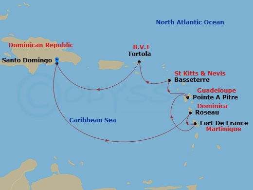 Costa Favolosa - 7 Night - Western Caribbean from Santo Domingo - Costa Favolosa - Starting in Santo Domingo, Dominica (Roseau), Fort-de-France, Pointe-a-Pitre, Basseterre, To.. itinerary map