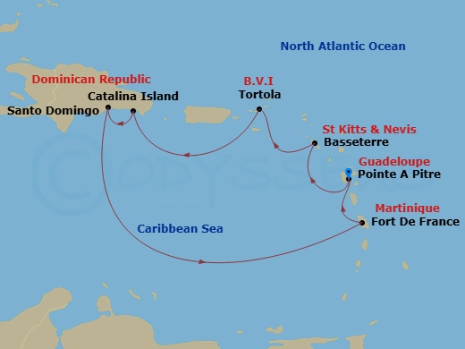 Costa Favolosa - 7 Night - Western Caribbean from Pointe a Pitre - Costa Favolosa - Starting in Pointe-a-Pitre, Basseterre, Tortola (Road Harbour), Catalina Island, Santo Domi.. itinerary map