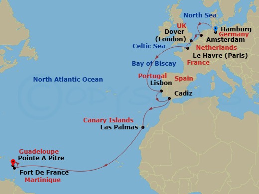 Costa Favolosa - 18 Night - Transatlantic from Hamburg - Costa Favolosa - Starting in Hamburg, Amsterdam / Ijmuiden, Netherlands, Dover UK, Le Havre, Lisbon, Cadice, Las Palma.. itinerary map