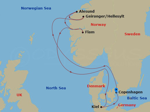 7 Night - Northern Europe - MSC Euribia - Starting in Copenhagen, Denmark, Hellesylt, Norway, Alesund, Norway, Flam, Norway, Kiel, Germany, Copenhagen, Denmark itinerary map